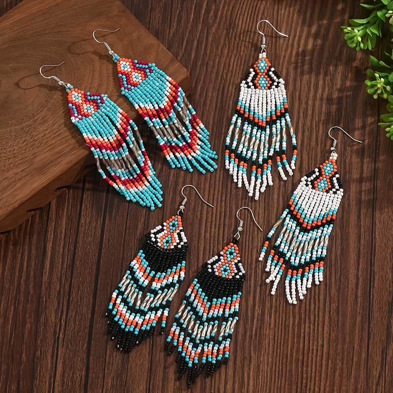Ethnic-Style Long Geometric Tassel Seed Bead Earrings